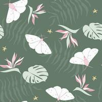 Seamless pattern with tropical leaves and butterflies. Natural abstract exotic print. Vector graphics.