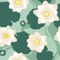 Seamless pattern with water lilies, lotuses, leaves. Summer floral abstract print. Vector graphics.