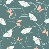 Seamless pattern with butterflies, moths, abstract lines. Natural summer print. Vector graphics.