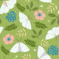 Seamless pattern with flowers, butterflies, leaves. Abstract natural summer print. Vector graphics.