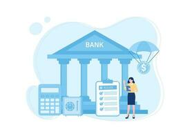 Bank building with calculator and safe concept flat illustration vector