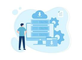 A man looks at computer data cloud storage process concept flat illustration vector