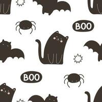 Halloween seamless pattern with cartoon cat, spider, bat, decoration elements. Colorful vector flat style. holiday theme. hand drawing. design for fabric, print, wrapper, textile