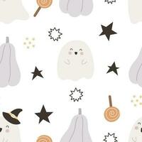 Halloween seamless pattern with cartoon pumpkins, ghost, decoration elements. Colorful vector flat style. holiday theme. hand drawing. design for fabric, print, wrapper, textile