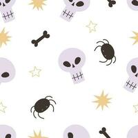 Halloween seamless pattern with cartoon skull, spider,  decoration elements. Colorful vector flat style. holiday theme. hand drawing. design for fabric, print, wrapper, textile