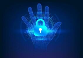 Security technology The lock is in the middle of the hand. Behind it is a technology circle. means technology security That requires a person's identity to access important information vector