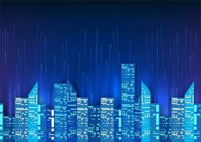 Smart city technology The city shines with information streaks behind it. Technology to connect the city's information together to make people easily accessible and businesses grow faster. vector