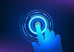 Security technology with fingerprint scanning The fingerprint is inside the technology circle with a hand coming in to scan it. Technology that provides identification before accessing data. vector