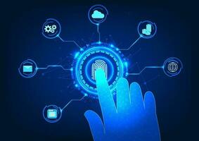 Security technology Finger scanning fingerprint surrounded by a technology circle with icon Represents a security technology that uses fingerprint scanning to provide access to an individual's data. vector