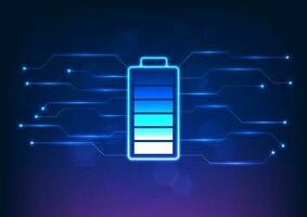 batería tecnología es conectado a el circuito. eso es un vector ilustración en azul tonos el antecedentes es geométrico formas el concepto de batería tecnología es a mantener eléctrico dispositivos motorizado.