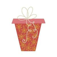 Christmas gift box with ribbon and bow red and beige vector illustration, Merry Christmas and Happy New Year festive traditional winter holiday decor, ornament for poster, greeting card, sticker