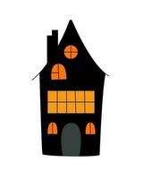 Halloween haunted house with brightly lit windows, simple cartoon style cute vector illustration, autumn traditional holiday party decor, cards, invitations