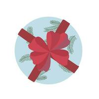 Christmas gift box with ribbon and bow red and beige vector illustration, Merry Christmas and Happy New Year festive traditional winter holiday decor, ornament for poster, greeting card, sticker