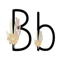 Letter B of English, Latin alphabet uppercase, lowercase decorated with flowers, floral monogram vector illustration in simple boho style, flat pastel colored decorative lettering