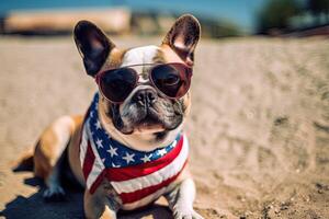 Generative AI illustration of a dog wearing sunglasses and an american flag, happy 4th of July with the United States flag photo