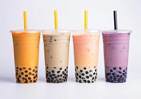 illustration of product photo of 3 plastic cups of boba milk tea, with bubbles, fun, solid soft pastel background