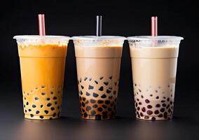 illustration of product photo of 3 plastic cups of boba milk tea, with bubbles, fun, solid soft pastel background