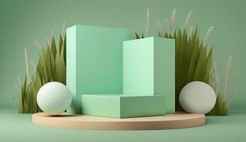 Generative AI illustration of 3D display podium pastel green background, Natural green grass. Spring and summer, nature minimal pedestal. Beauty, cosmetic product presentation with shadow, mock up photo