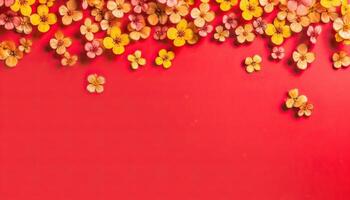 Generative AI illustration of many small beautiful yellow flower blossoms on red pastel background with copy space. photo