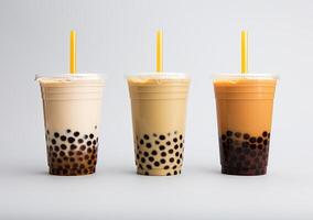 Generative AI illustration of product photo of 3 plastic cups of boba milk tea, with bubbles, fun, solid soft pastel background