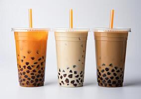 Generative AI illustration of product photo of 3 plastic cups of boba milk tea, with bubbles, fun, solid soft pastel background