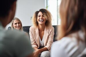 illustration of professional therapist conducting a candid group session, showing genuine compassion and a comforting smile, emphasizing the importance of mental health and counseling photo