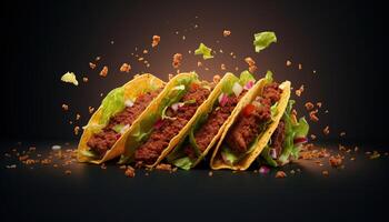 Generative AI illustration of flying tacos for food commercial, blank background photo