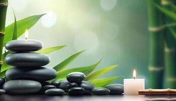 illustration of zen relaxation spa. Beauty salon and massage atmosphere. Banner with bamboos, candles and stacked stones. Calm and relaxing atmosphere photo