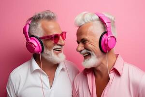 illustration of a married, elderly gay male couple embrace each other in a show of love and affection photo