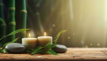 Generative AI illustration of zen relaxation spa. Beauty salon and massage atmosphere. Banner with bamboos, candles and stacked stones. Calm and relaxing atmosphere photo