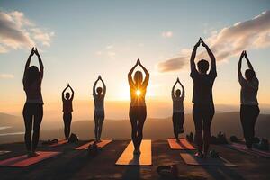 Generative AI illustration of yoga class at sunset, happy diverse group of young people practicing yoga poses together, stretching health and wellness photo