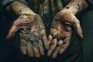 Generative AI illustration of dirty hands of workers, farmers. Concept hard work. photo