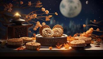 generativo ai ilustración de chino medio otoño festival Luna pasteles arreglado en un tradicional chino porcelana lámina, conjunto en un rústico de madera mesa foto