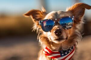 Generative AI illustration of a dog wearing sunglasses and an american flag, happy 4th of July with the United States flag photo