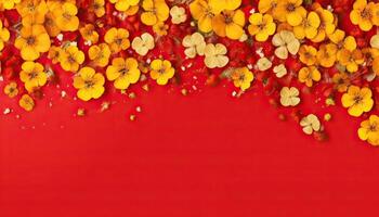 illustration of many small beautiful yellow flower blossoms on red pastel background with copy space. photo