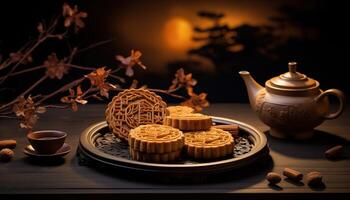 Generative AI illustration of Chinese Mid Autumn Festival moon cakes arranged on a traditional Chinese porcelain plate, set on a rustic wooden table photo