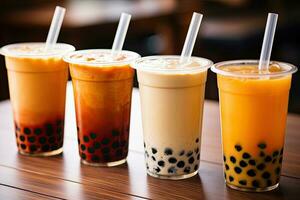 Generative AI illustration of plastic cups of boba milk tea, with bubbles, close-up shot, depth of field, gourmet dessert, blurry background photo