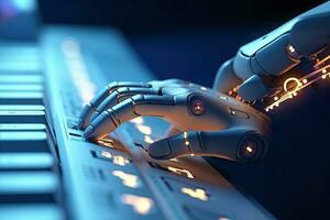 Generative AI illustration of hands of robot typing on keypad. Robotic cyborg hand using keyboard computer. photo