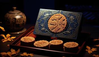 Generative AI illustration of Chinese Mid Autumn Festival moon cakes arranged on a traditional Chinese porcelain plate, set on a rustic wooden table photo