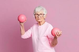 Generative AI illustration of old woman doing sport exercise, studio shot, pastel color photo