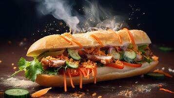 Generative AI illustration of vietnamese baguette, banh mi, explosion effect. Street food in Vietnam photo