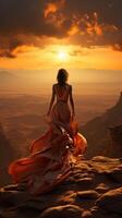 illustration of a landscape of mountains far away and desert of sand dunes, sunset piercing cloudy sky. Woman walking alone photo