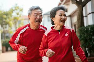 Generative AI illustration of cheerful senior Chinese couple exercising outside photo