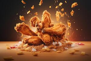 Generative AI illustration of flying fried chicken plain background photo