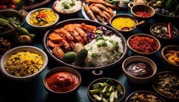 Generative AI illustration of Brazilian food, mouthwatering, colorful, diverse, energetic photo