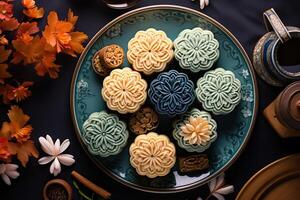 illustration of Chinese Mid Autumn Festival moon cakes arranged on a traditional Chinese porcelain plate, set on a rustic wooden table. Flat lay, top down photo