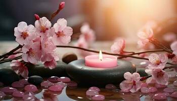 Generative AI illustration of zen relaxation spa. Beauty salon and massage atmosphere. Banner with sakura cherry blossoms, candles and stacked stones. Calm and relaxing atmosphere photo