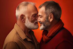 Generative AI illustration of a married, elderly gay male couple embrace each other in a show of love and affection photo