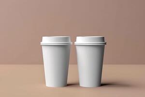 Generative AI illustration of white paper cups of coffee mock up on blank background, two cups in the air dynamically photo