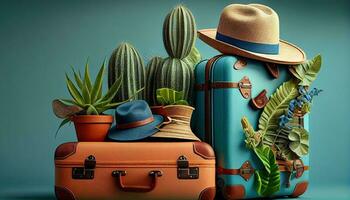 Generative AI illustration of travel suitcases, mumka and summer hat, with houseplants, composition for tourism and travel banner in bright colors uplite, copy space photo